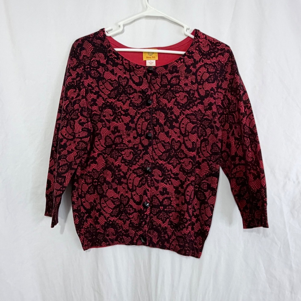 Ruby Rd Red Black Lace Print Cardigan Button Front 3/4‎ Sleeve Womens